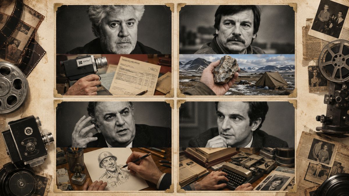 U gornjim delovima polja su crno-beli portreti Pedra Almodóvara, Andreja Tarkovskog, Federika Felinija i Fransoe Trifoa, a u donjim delovima simbolični prizori njihovih početaka